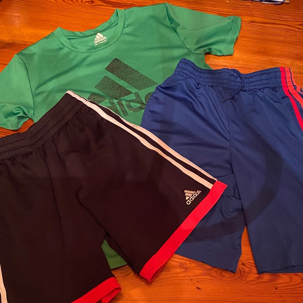 adidas Kids Black Shorts with Red Trim and Blue Athletic Shorts